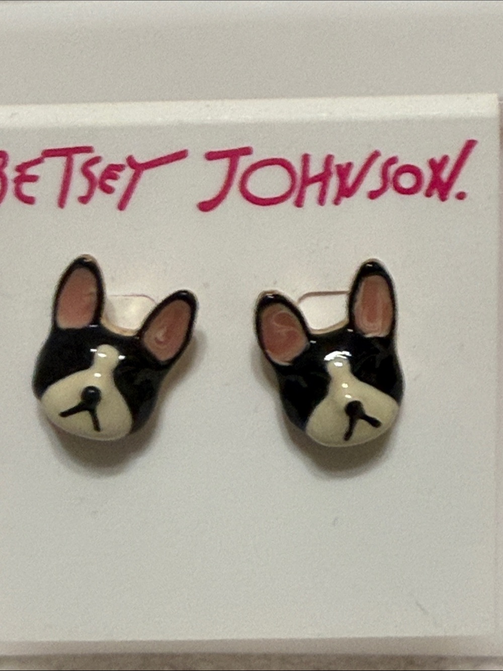 Betsey Johnson Black Cream & Pink French Bulldog Stud Earrings - Picture 3 of 3
